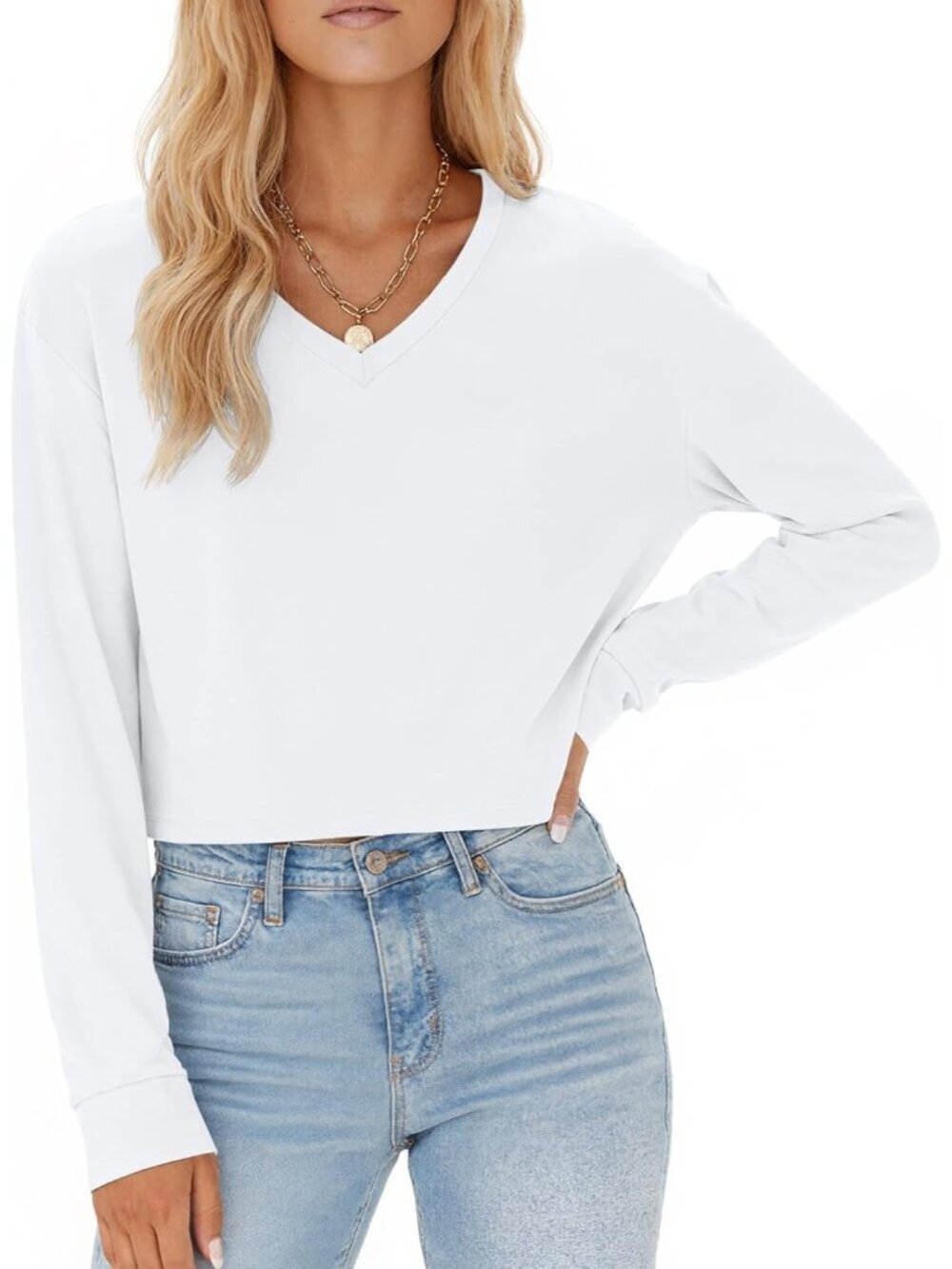 〽️Women's White 1 Short Sleeve V Neck Cropped Casual Crop Tops T Shirts